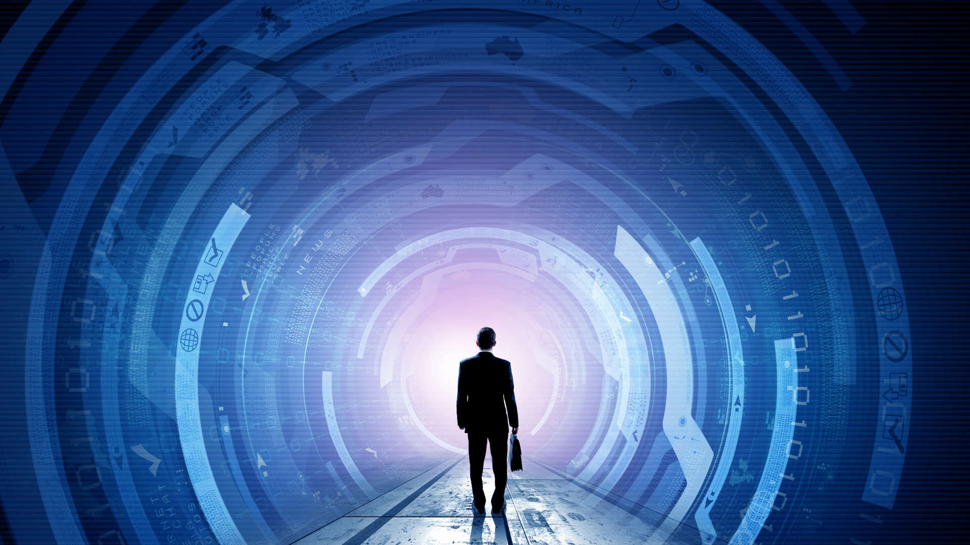 Business man walking through tunnel with technology swirling around